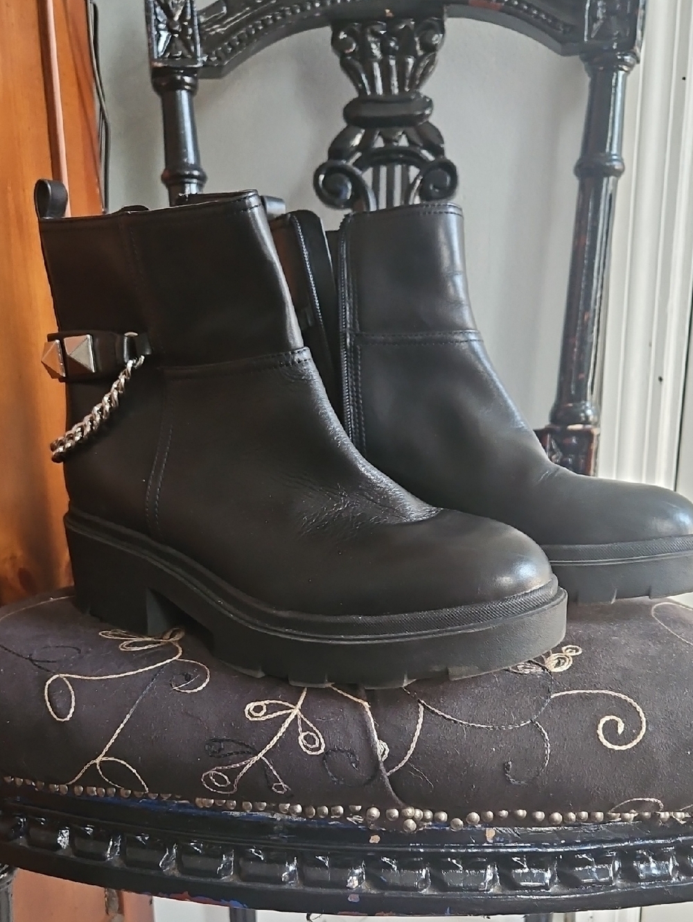 Marc Fisher Black Leather Chunky Ankle Boots with Chain Accent